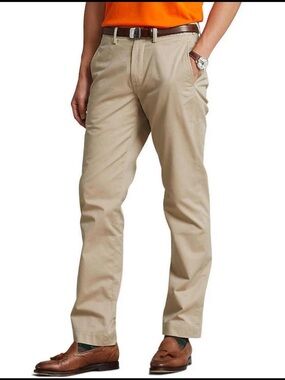 Straight Fit Flat Front Stretch Twill Chino Pants, Khaki Tan, Men’s 38x30